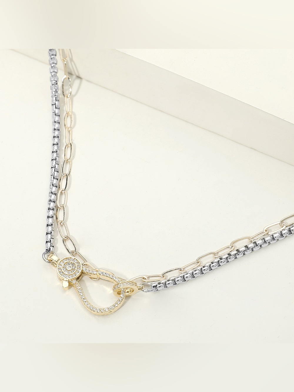 14K Gold Plated Two Tone CZ Pave Clasp Accent Layered Necklace